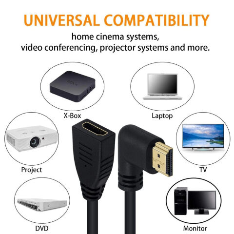 Anunnaki 90 Derece Sol Erkek Dişi HDMI Uzatma Kablosu 1 m Uzunluk 4K60Hz