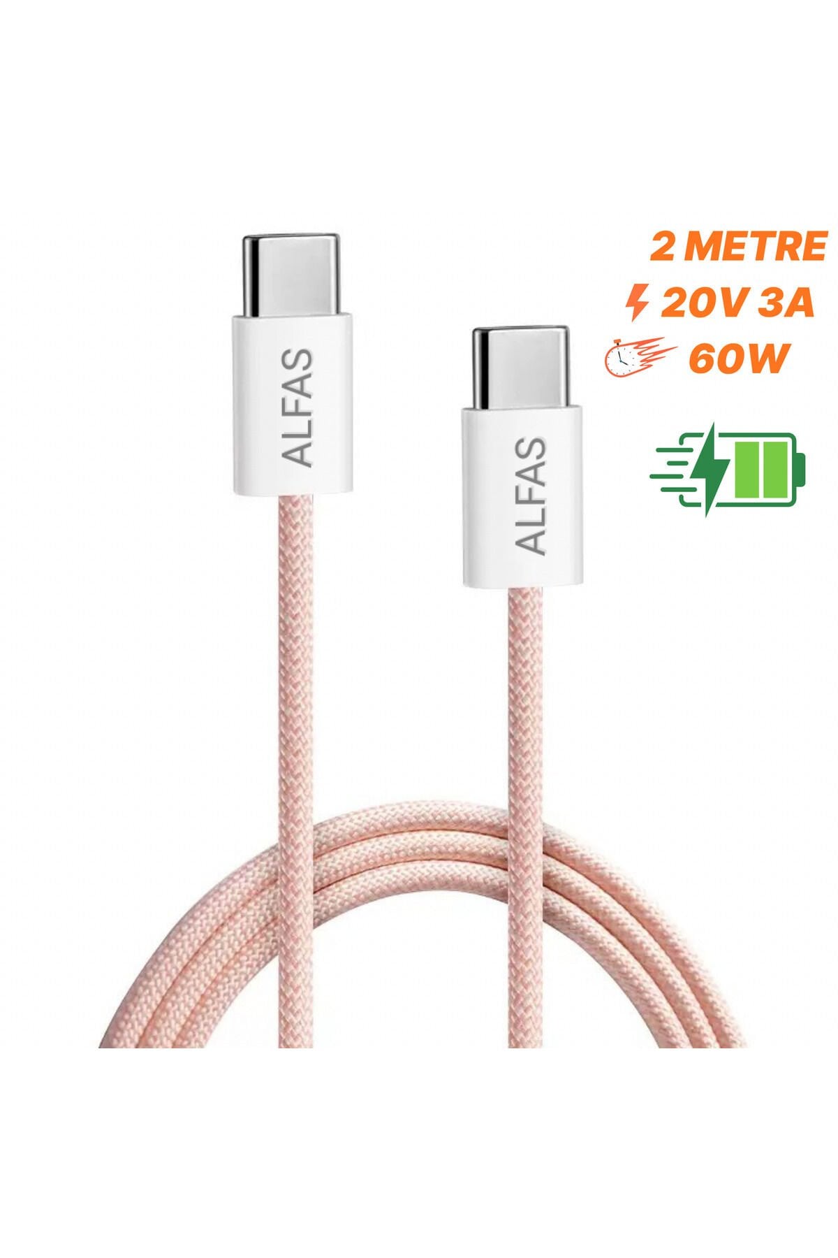 Type-C Şarj Kablosu PD 60W 3A 1Gbps Hızlı Şarj & Data Transfer Usb-c Iphone Android Örgülü Kablo Pembe 2 Metre