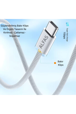 Type-C Şarj Kablosu 1m PD 60W 3A 1Gbps Hızlı Şarj & Data Transfer Usb-c Iphone Android Örgülü Kablo