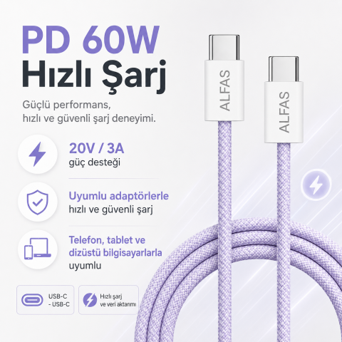 Type-C Şarj Kablosu 1m PD 60W 3A 1Gbps Hızlı Şarj & Data Transfer Usb-c Iphone Android Örgülü Kablo