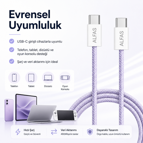 Type-C Şarj Kablosu 1m PD 60W 3A 1Gbps Hızlı Şarj & Data Transfer Usb-c Iphone Android Örgülü Kablo