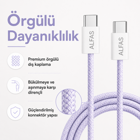 Type-C Şarj Kablosu 1m PD 60W 3A 1Gbps Hızlı Şarj & Data Transfer Usb-c Iphone Android Örgülü Kablo