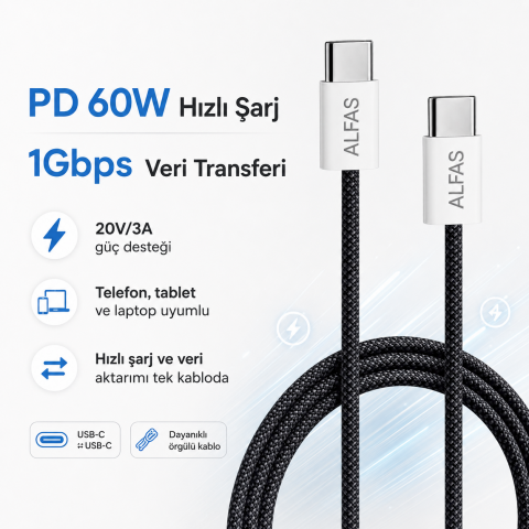 Type-C Şarj Kablosu 1m PD 60W 3A 1Gbps Hızlı Şarj & Data Transfer Usb-c Iphone Android Örgülü Kablo