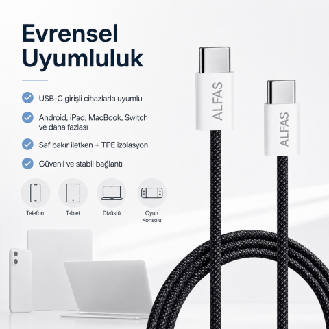 Type-C Şarj Kablosu 1m PD 60W 3A 1Gbps Hızlı Şarj & Data Transfer Usb-c Iphone Android Örgülü Kablo