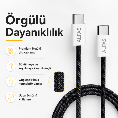 Type-C Şarj Kablosu 1m PD 60W 3A 1Gbps Hızlı Şarj & Data Transfer Usb-c Iphone Android Örgülü Kablo