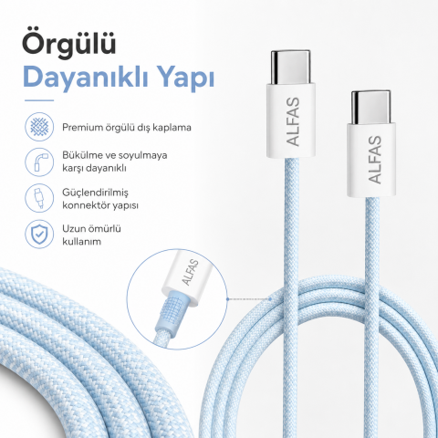 Type-C Şarj Kablosu 1m PD 60W 3A 1Gbps Hızlı Şarj & Data Transfer Usb-c Iphone Android Örgülü Kablo