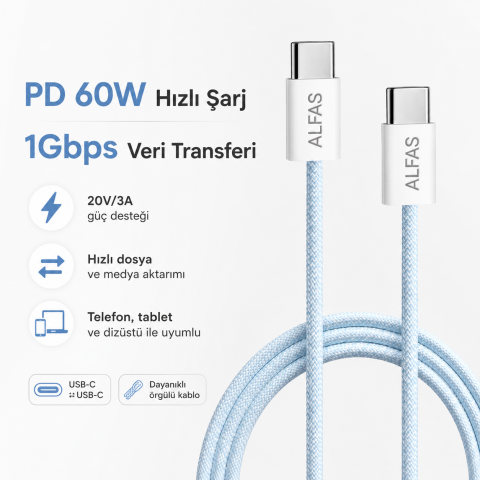 Type-C Şarj Kablosu 1m PD 60W 3A 1Gbps Hızlı Şarj & Data Transfer Usb-c Iphone Android Örgülü Kablo
