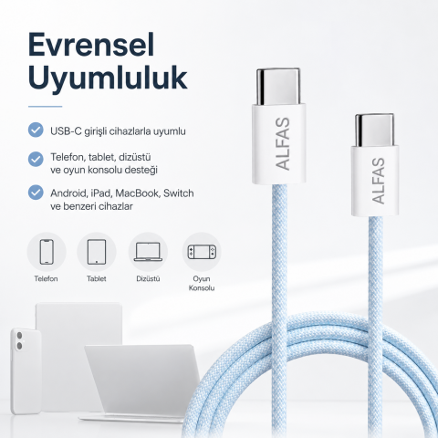 Type-C Şarj Kablosu 1m PD 60W 3A 1Gbps Hızlı Şarj & Data Transfer Usb-c Iphone Android Örgülü Kablo
