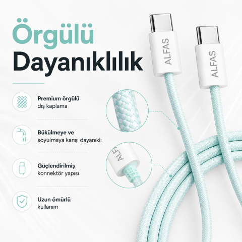 Type-C Şarj Kablosu 1m PD 60W 3A 1Gbps Hızlı Şarj & Data Transfer Usb-c Iphone Android Örgülü Kablo