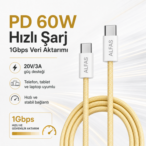 Type-C Şarj Kablosu 1m PD 60W 3A 1Gbps Hızlı Şarj & Data Transfer Usb-c Iphone Android Örgülü Kablo