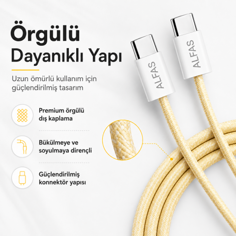 Type-C Şarj Kablosu 1m PD 60W 3A 1Gbps Hızlı Şarj & Data Transfer Usb-c Iphone Android Örgülü Kablo