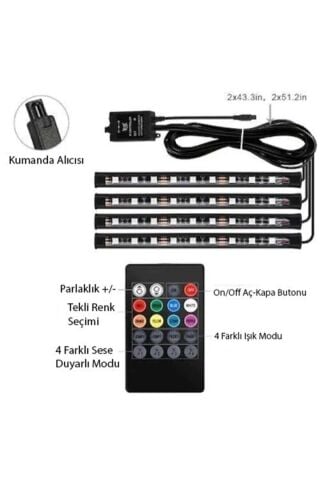 Araç Içi Aydınlatma Kumandalı Müziğe Duyarlı 12 Led Ayak Altı Led 7 Renk Rgb