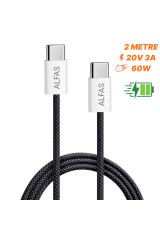 Type-C Şarj Kablosu 2m PD 60W 3A 1Gbps Hızlı Şarj & Data Transfer Usb-c Iphone Android Örgülü Kablo