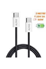 Type-C Şarj Kablosu 2m PD 60W 3A 1Gbps Hızlı Şarj & Data Transfer Usb-c Iphone Android Örgülü Kablo