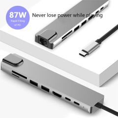 8 in 1 Type-c Hub 87W PD Hdmi Ethernet Typec Çoklayıcı Dönüştürücü Adaptör Vga Rj45 Macbook Laptop