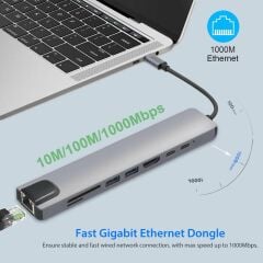 8 in 1 Type-c Hub 87W PD Hdmi Ethernet Typec Çoklayıcı Dönüştürücü Adaptör Vga Rj45 Macbook Laptop