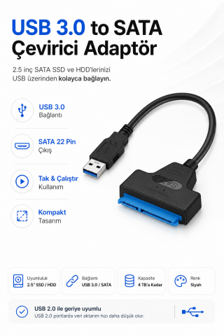 USB to Sata Usb 3.0 to Sata 22PIN 2,5 inç Adaptör HDD SSD Harici Sabit Disk Dönüştürücü Kablo