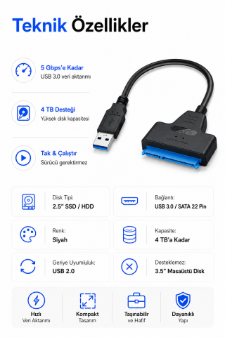 USB to Sata Usb 3.0 to Sata 22PIN 2,5 inç Adaptör HDD SSD Harici Sabit Disk Dönüştürücü Kablo