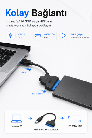 USB to Sata Usb 3.0 to Sata 22PIN 2,5 inç Adaptör HDD SSD Harici Sabit Disk Dönüştürücü Kablo