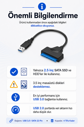 USB to Sata Usb 3.0 to Sata 22PIN 2,5 inç Adaptör HDD SSD Harici Sabit Disk Dönüştürücü Kablo