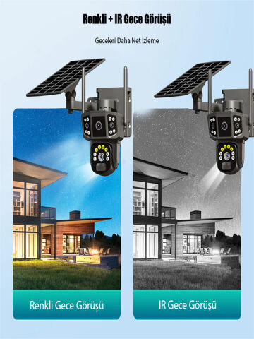 Solar Kamera Güneş Enerjili 1080p Full HD Çift Kameralı Extra Led Alarm Ses Akıllı Güvenlik Kamerası