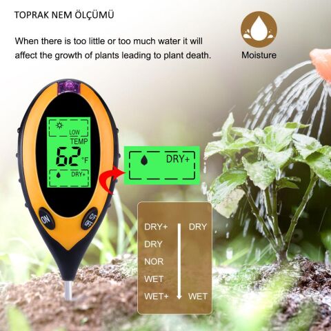 ALFA 4in1 Dijital Toprak Nem Ölçer PH Metre Sıcaklık Güneş Işığı Ölçer Higrometre Test Cihazı