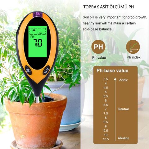 ALFA 4in1 Dijital Toprak Nem Ölçer PH Metre Sıcaklık Güneş Işığı Ölçer Higrometre Test Cihazı