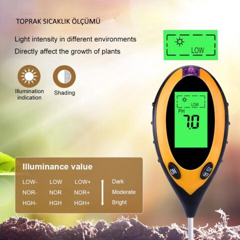 ALFA 4in1 Dijital Toprak Nem Ölçer PH Metre Sıcaklık Güneş Işığı Ölçer Higrometre Test Cihazı
