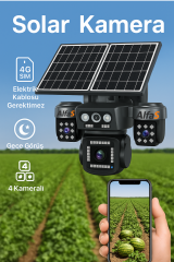 4G 4 Kameralı SIM Kartlı Elektriksiz Kablosuz Bahçe Depo Arazi İçin Çift Güneş Paneli Solar Kamera