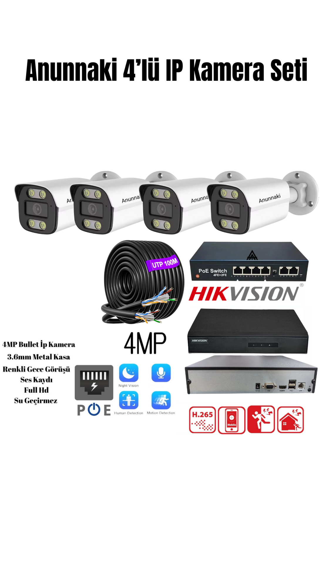 4 Kameralı 4MP Sesli Kayıtlı 4'lü Gece Görüşlü İç Dış mekan IP Kamera Seti Tak Çalıştır