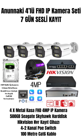 4 Kameralı 4MP Sesli Kayıtlı 4'lü Gece Görüşlü İç Dış mekan IP Kamera Seti Tak Çalıştır 500GB 7 Gün Kayıt