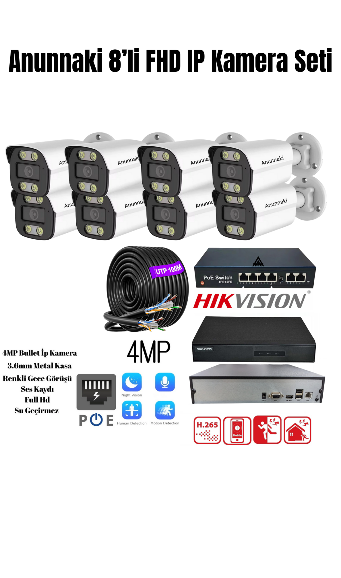 8 Kameralı 4MP Sesli Kayıtlı 8'li Gece Görüşlü İç Dış mekan IP Kamera Seti Tak Çalıştır