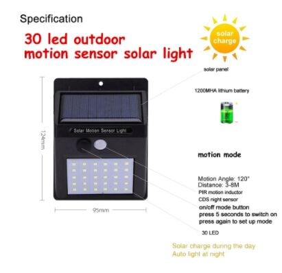 Solar Led Bahçe Duvar Lambası Sensörlü 30 Led