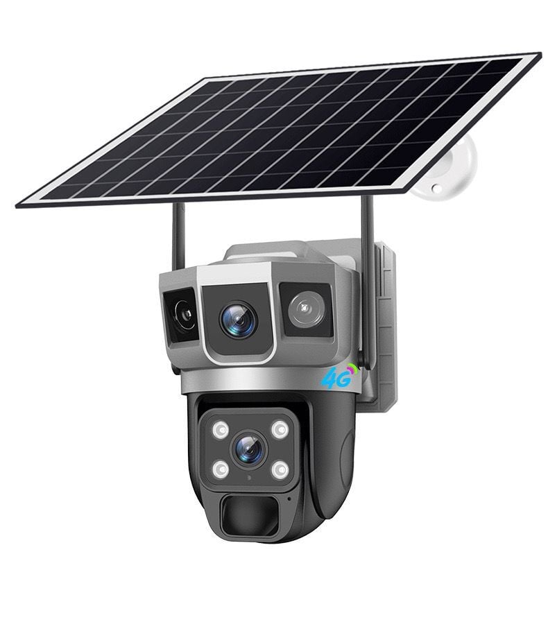 4G SIM Solar Panelli Güneş Enerjili Su Geçirmez 6MP 3 Kameralı Güvenlik Kamerası V380 Pro