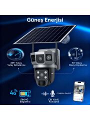 4G SIM Solar Panelli Güneş Enerjili Su Geçirmez 6MP 3 Kameralı Güvenlik Kamerası V380 Pro