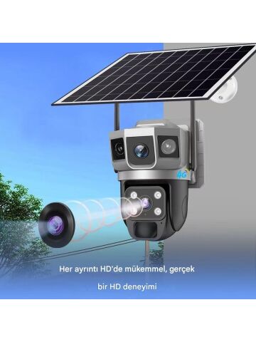 4G SIM Solar Panelli Güneş Enerjili Su Geçirmez 6MP 3 Kameralı Güvenlik Kamerası V380 Pro