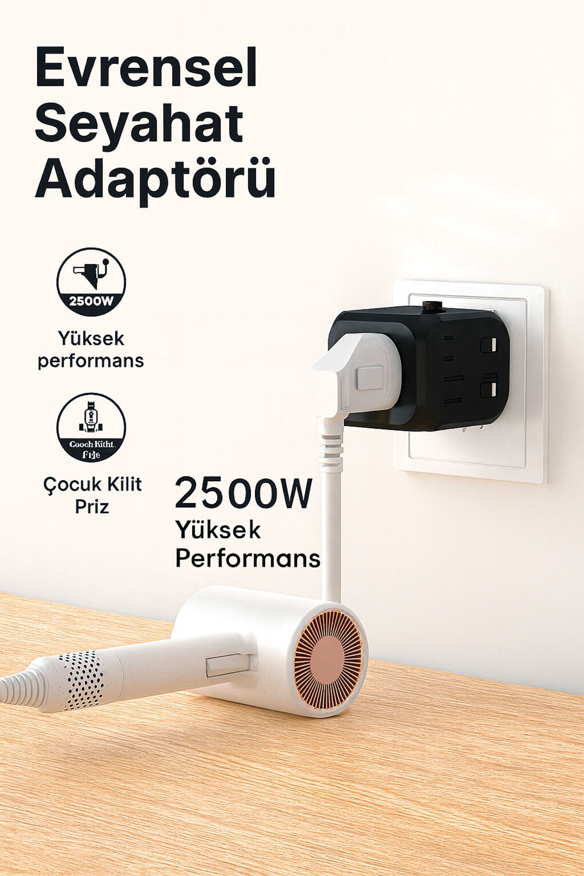 Uluslararası Dünya Seyahat Adaptörü ABD/AB/İngiltere/Avustralya Uyumlu Çoklu Priz + Usb 2x Type-c