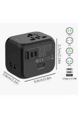 Uluslararası Dünya Seyahat Adaptörü ABD/AB/İngiltere/Avustralya Uyumlu Çoklu Priz + Usb 2x Type-c