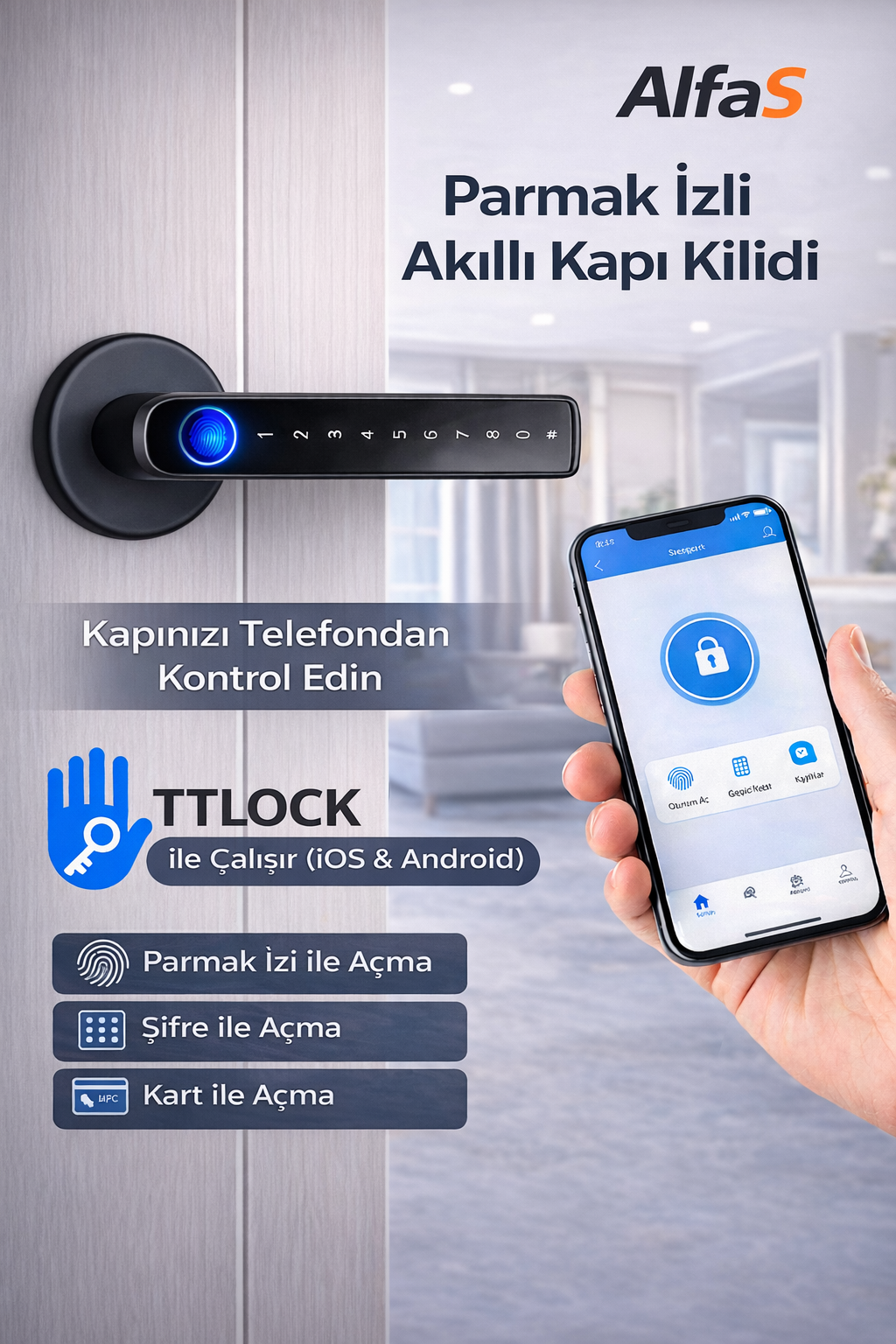 Şifreli Kartlı Telefondan Kontrol PVC Alüminyum Ahşap Uyumlu Parmak İzli Akıllı Kapı Kolu TT Lock