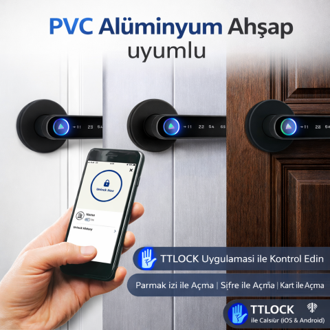 Şifreli Kartlı Telefondan Kontrol PVC Alüminyum Ahşap Uyumlu Parmak İzli Akıllı Kapı Kolu TT Lock