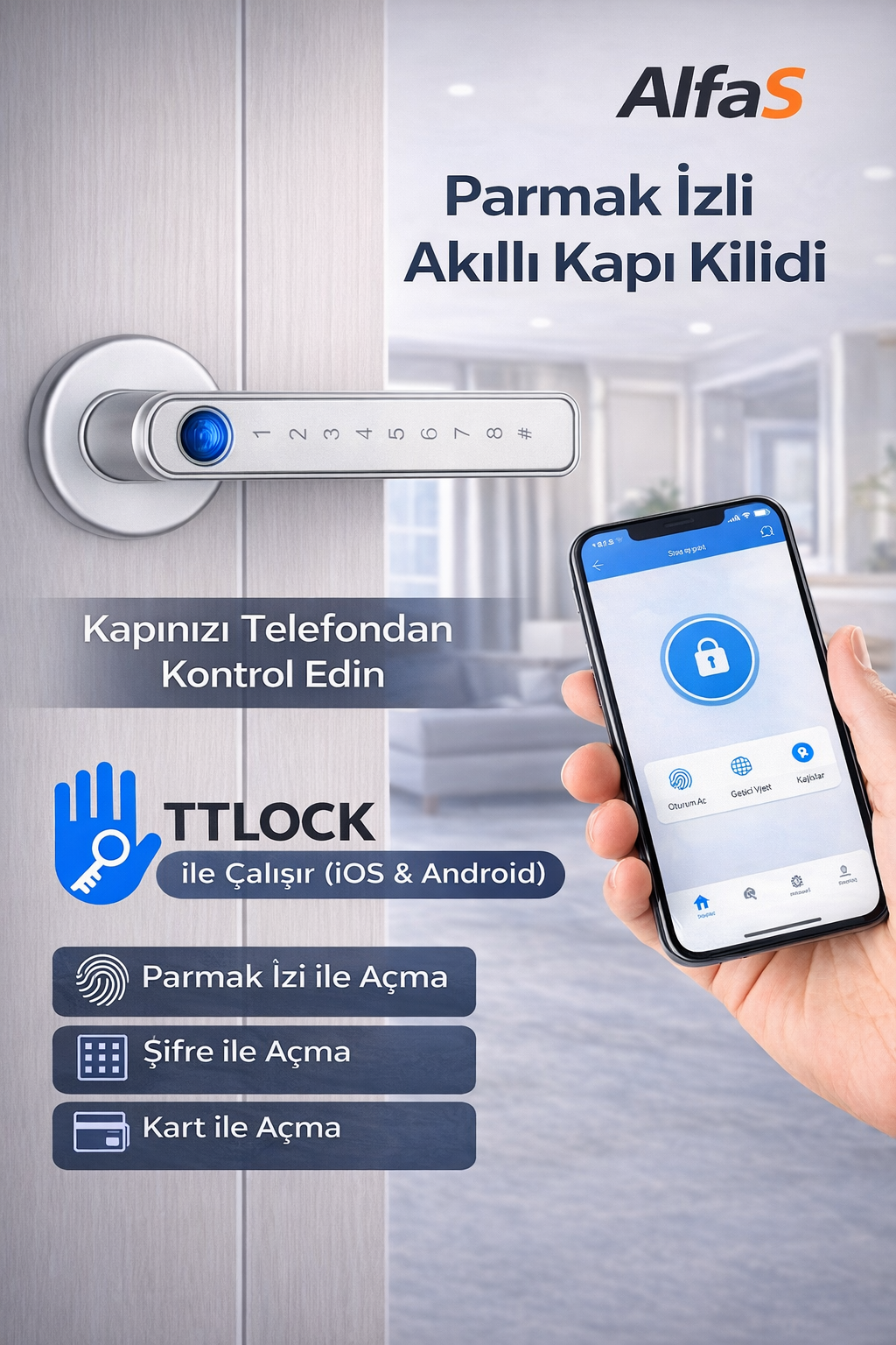 Şifreli Kartlı Telefondan Kontrol PVC Alüminyum Ahşap Uyumlu Parmak İzli Akıllı Kapı Kolu Gümüş