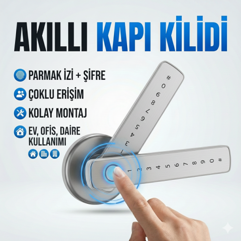 Şifreli Kartlı Telefondan Kontrol PVC Alüminyum Ahşap Uyumlu Parmak İzli Akıllı Kapı Kolu Gümüş