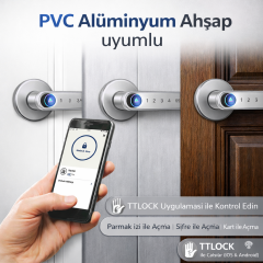 Şifreli Kartlı Telefondan Kontrol PVC Alüminyum Ahşap Uyumlu Parmak İzli Akıllı Kapı Kolu Gümüş