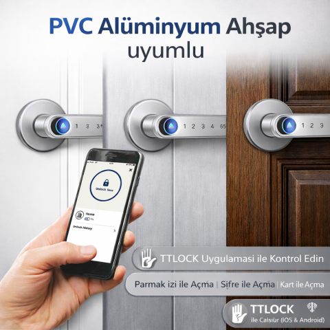 Şifreli Kartlı Telefondan Kontrol PVC Alüminyum Ahşap Uyumlu Parmak İzli Akıllı Kapı Kolu Gümüş