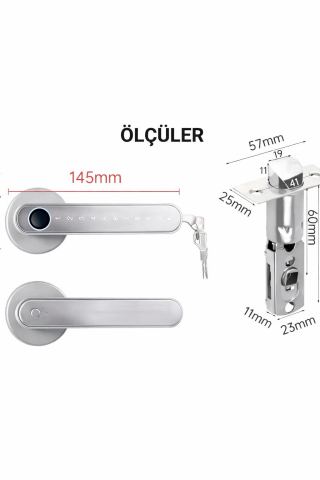 Şifreli Kartlı Telefondan Kontrol PVC Alüminyum Ahşap Uyumlu Parmak İzli Akıllı Kapı Kolu Gümüş