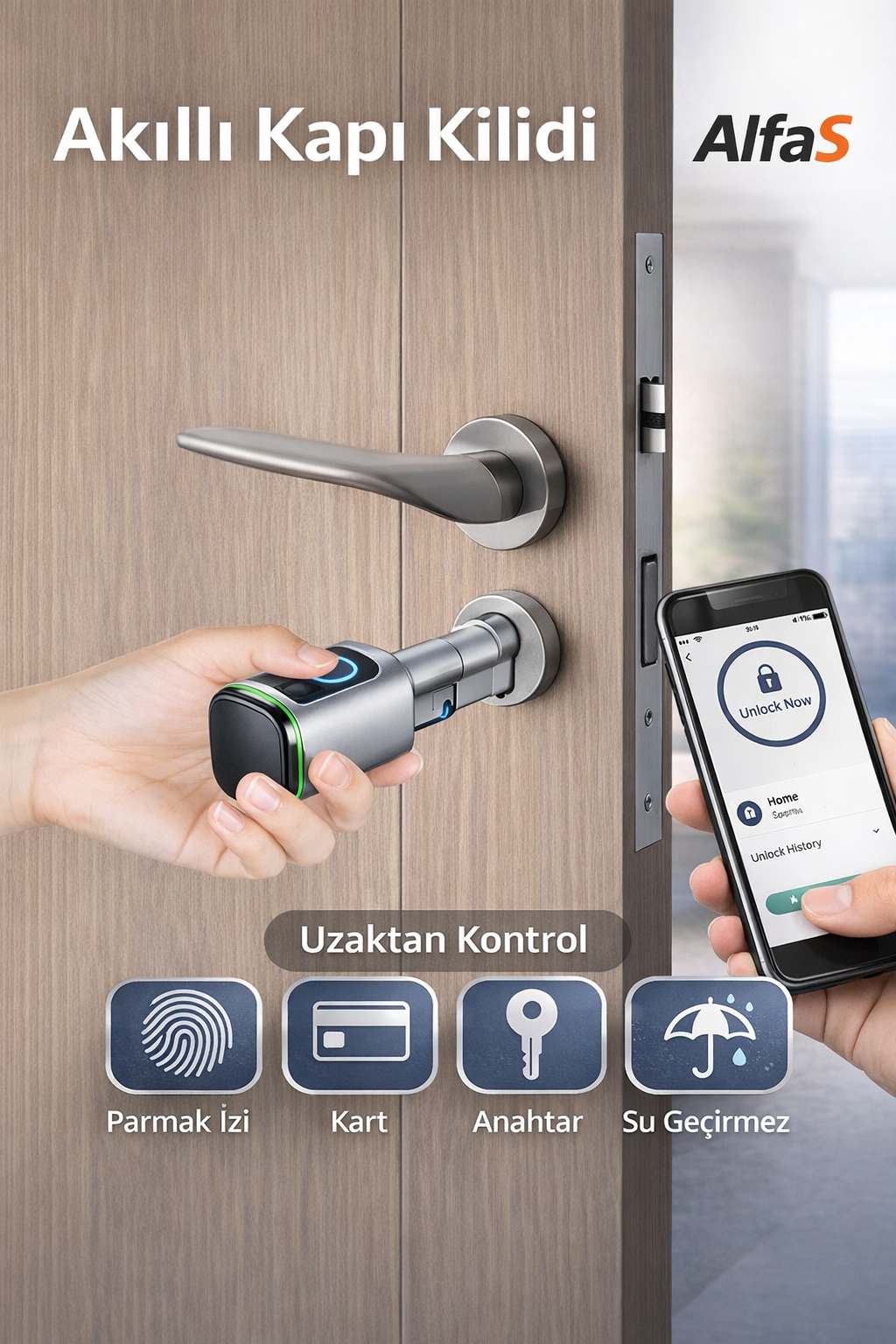 Parmak İzli Anahtarlı Kartlı ve Uzaktan Kontrollü Pvc Ahşap Aliminyüm Uyumlu Akıllı Kapı Kilidi Gümüş