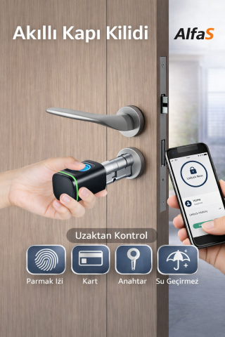 TTlock Parmak İzli Anahtarlı Kartlı ve Uzaktan Kontrollü Ev Ofis Ahşap Aliminyüm Uyumlu Akıllı Kapı Kilidi Siyah