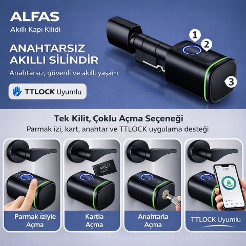 TTlock Parmak İzli Anahtarlı Kartlı ve Uzaktan Kontrollü Ev Ofis Ahşap Aliminyüm Uyumlu Akıllı Kapı Kilidi Siyah