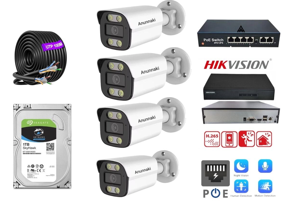 4'lü 5MP (4K) IP Kamera Seti | PoE | Hikvision NVR | İç/Dış Mekan | Gece Görüş | Ses Kayıt | Mobil İzleme 1TB HDD Full Set