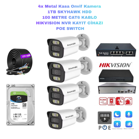 4'lü 5MP (4K) IP Kamera Seti | PoE | Hikvision NVR | İç/Dış Mekan | Gece Görüş | Ses Kayıt | Mobil İzleme 1TB HDD Full Set